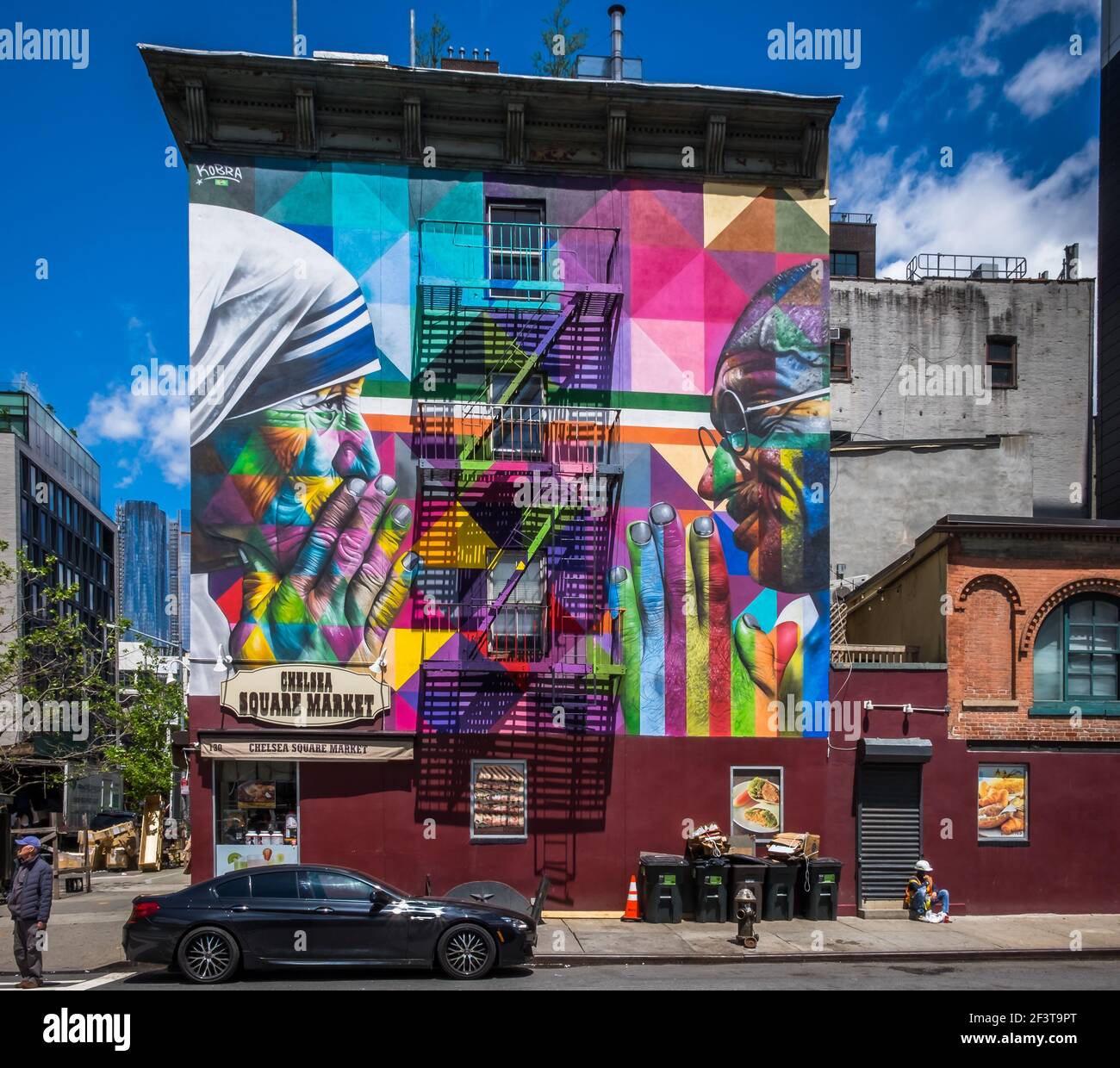 New York City, USA, May 2019, Chelsea Square Market Mural building representing Mother Teresa and Gandhi by the street artist Kobra, West Chelsea Stock Photo