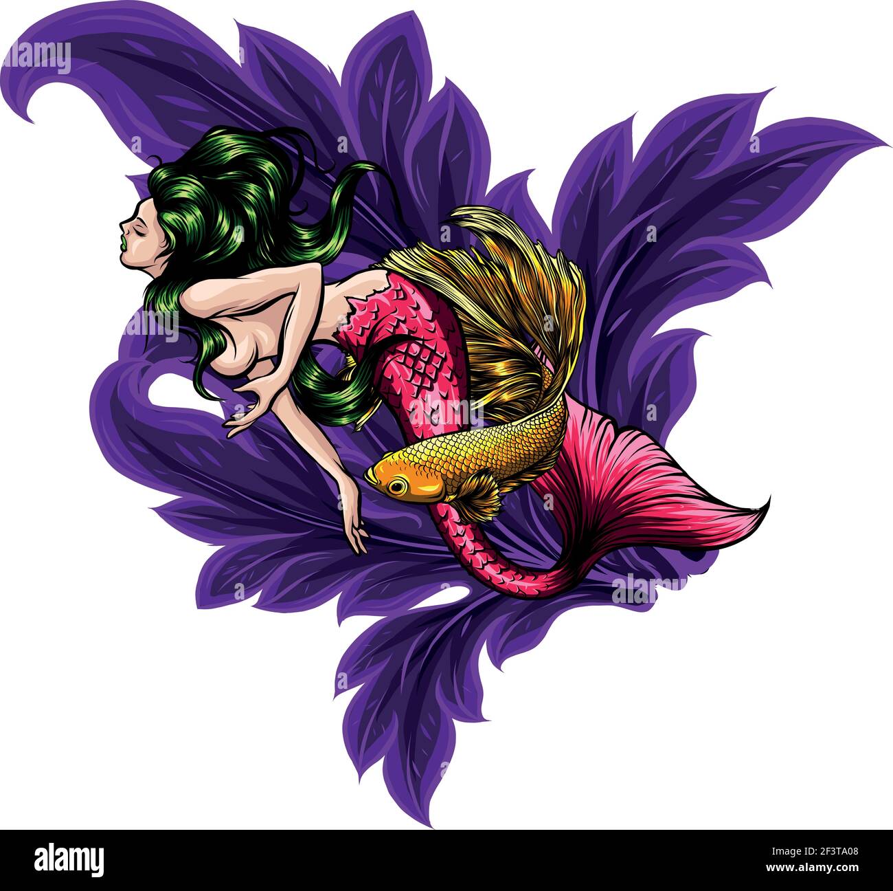 Beauty siren mermaid with leaves vector illustration Stock Vector