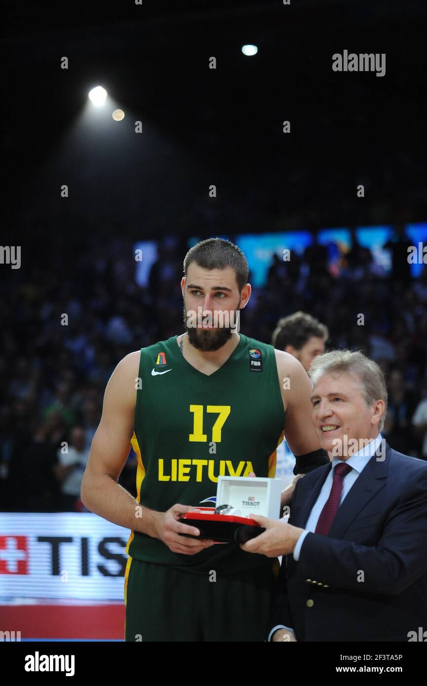 Jonas Valanciunas from Lithuania amongst 5 best players during basketball  Euro 2015 final between Spain and