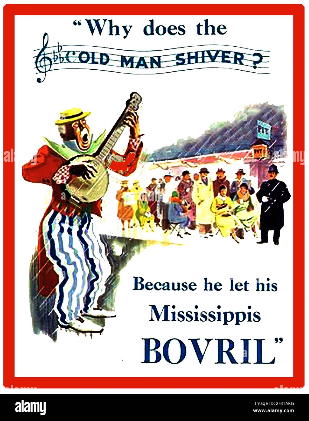 An early British advertisement for Bovril showing a minstrel playing to a cinema queue crowd  in the ran with a British Bobby (policeman) standing by. Stock Photo