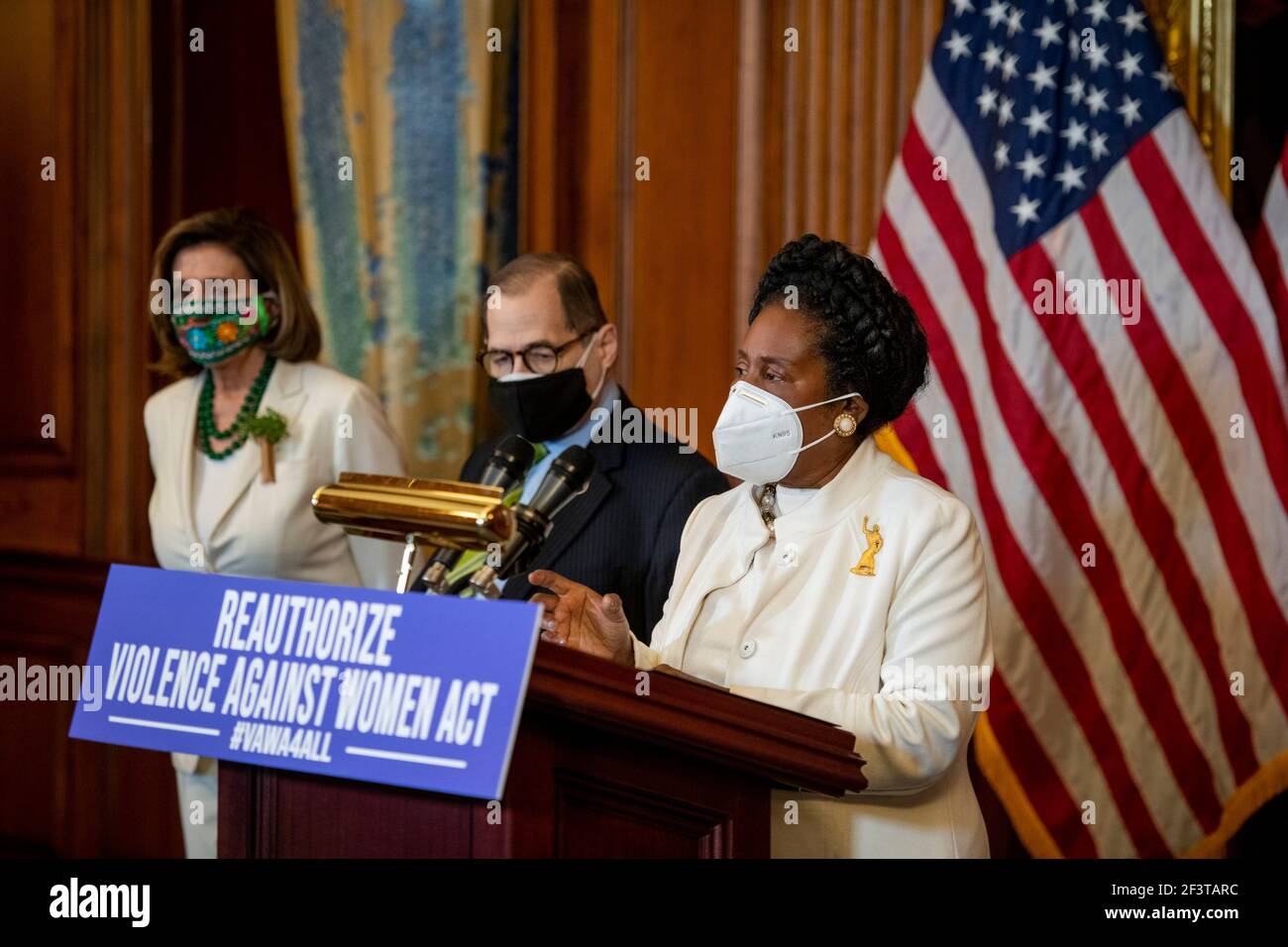 Speaker of the United States House of Representatives Nancy Pelosi (Democrat of California), left, and United States Representative Jerrold Nadler (Democrat of New York), center, listen while United States Representative Sheila Jackson-Lee (Democrat of Texas) offers remarks at a press conference regarding the Violence Against Women Act, at the U.S. Capitol in Washington, DC, Wednesday, March 17, 2021. Credit: Rod Lamkey/CNP Stock Photo