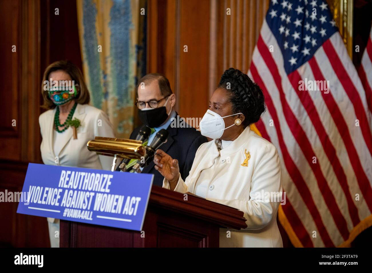 Speaker of the United States House of Representatives Nancy Pelosi (Democrat of California), left, and United States Representative Jerrold Nadler (Democrat of New York), center, listen while United States Representative Sheila Jackson-Lee (Democrat of Texas) offers remarks at a press conference regarding the Violence Against Women Act, at the U.S. Capitol in Washington, DC, Wednesday, March 17, 2021. Credit: Rod Lamkey/CNP | usage worldwide Stock Photo