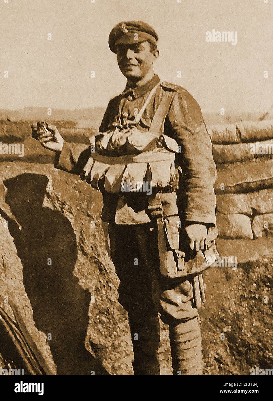 WWI - A British soldier wearing a jacket designed as a carrier for hand grenades.j Stock Photo