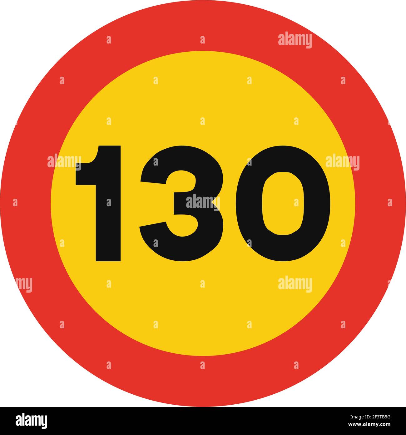 Rounded traffic signal in yellow and red, isolated on white background. Temporary speed limit of one hundred and thirty Stock Vector