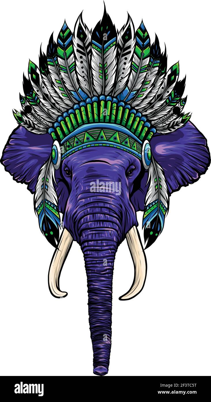 Elephant head with american indian chief headdress. Stock Vector