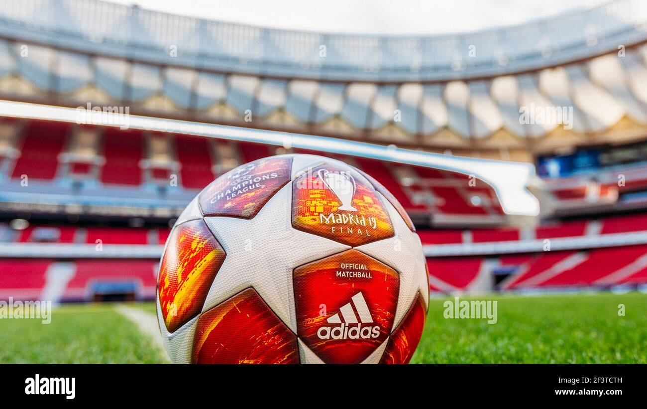 Adidas Official match ball for Champions League 2018/19 Madrid 19 Final on  pitch in Wanda Metropolitana stadium in Madrid, Spain EDITORIAL ONLY! Adidas  via Kolvenbach Stock Photo - Alamy