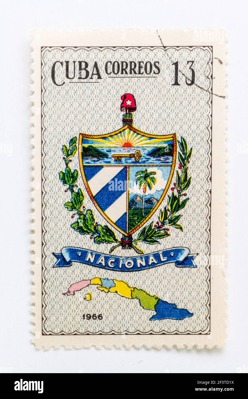 National coat of arms of Cuba seen on a vintage stamp from 1966 Stock