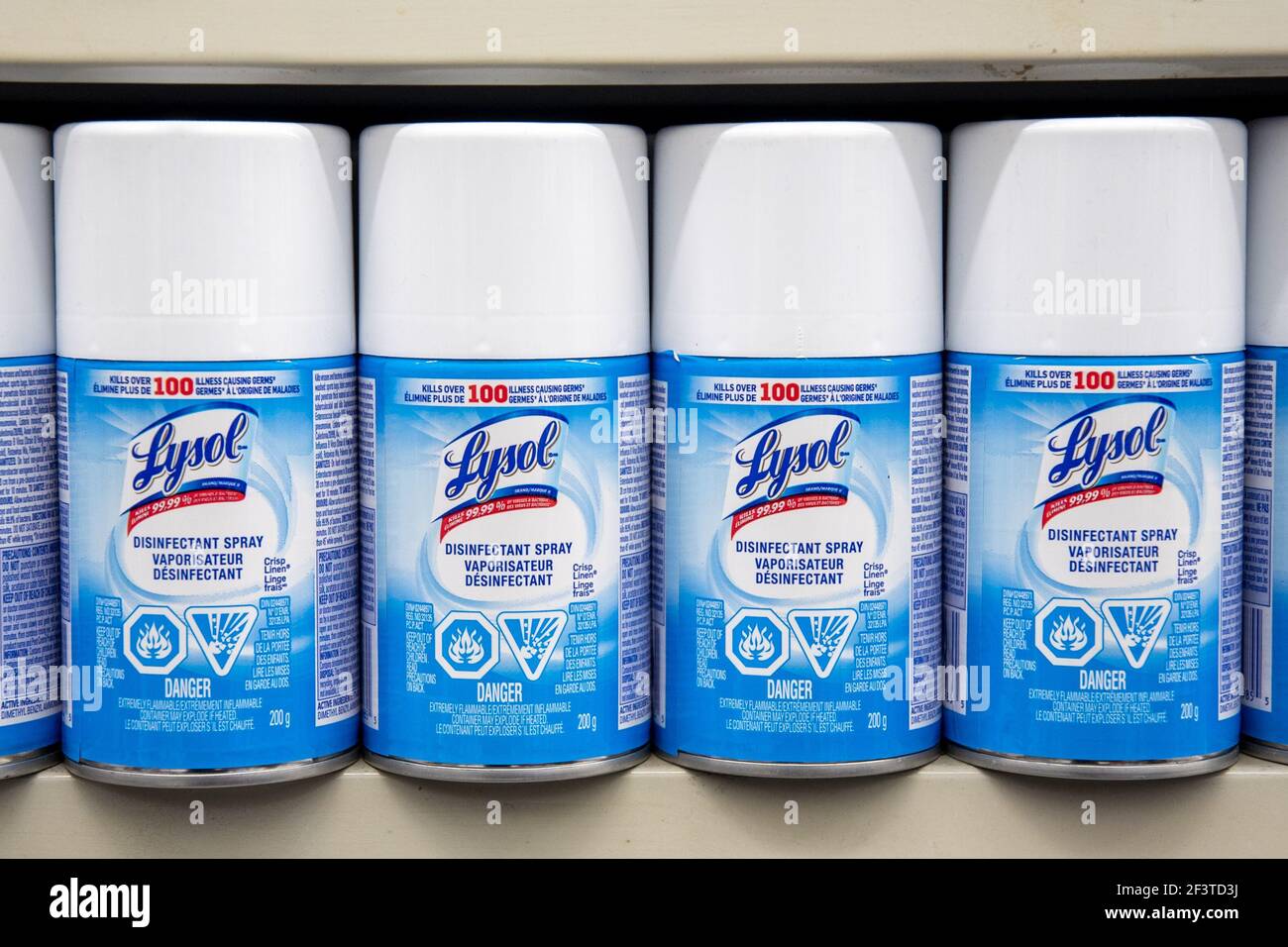 Containers of Lysol disinfectant on a store shelf Stock Photo