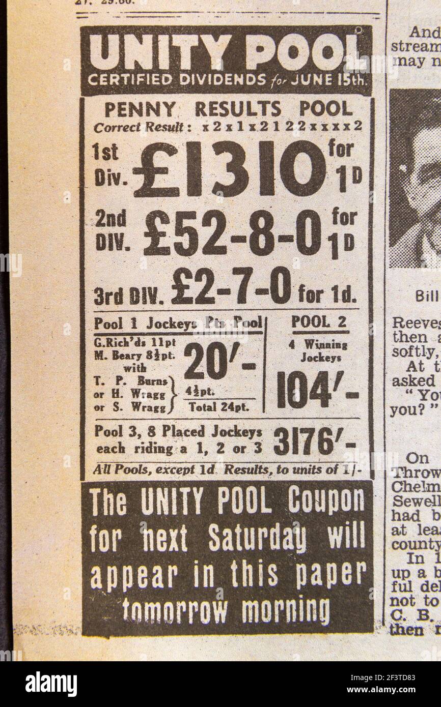 Advert for Unity Pool football pools gambling in the Daily