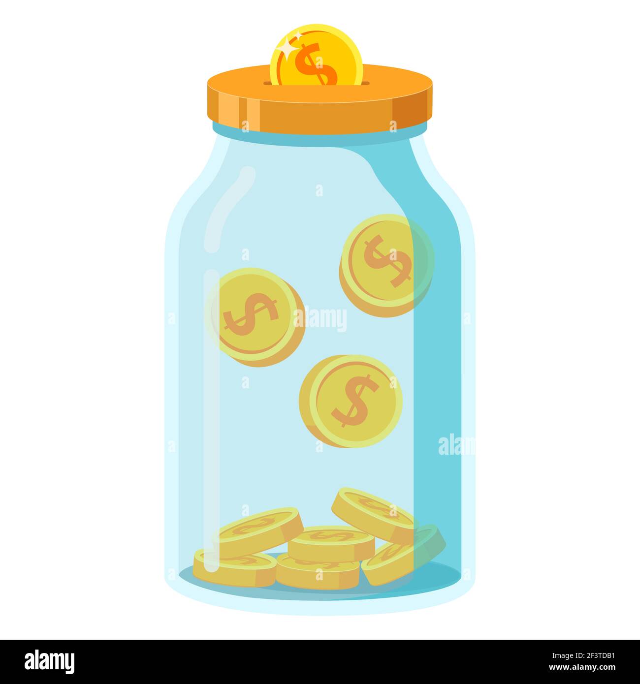 Glass money jar full gold coins.Saving dollar.To invest money.Vector flat illustration. Stock Vector