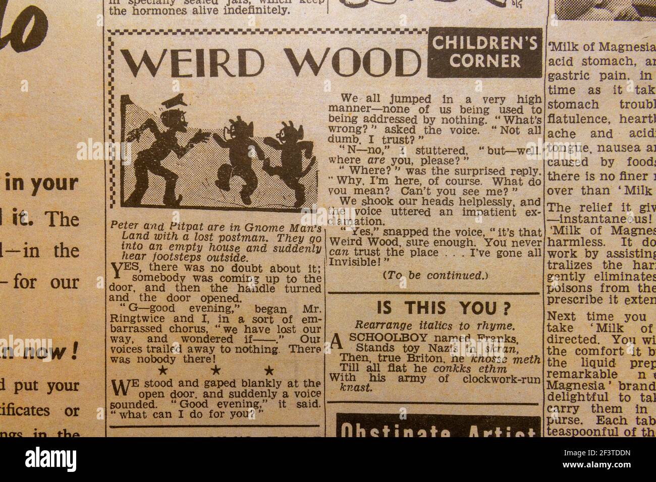 Weird Wood (children's corner) in the Daily Sketch newspaper (replica), 19th June 1940 (during Battle of Britain). Stock Photo