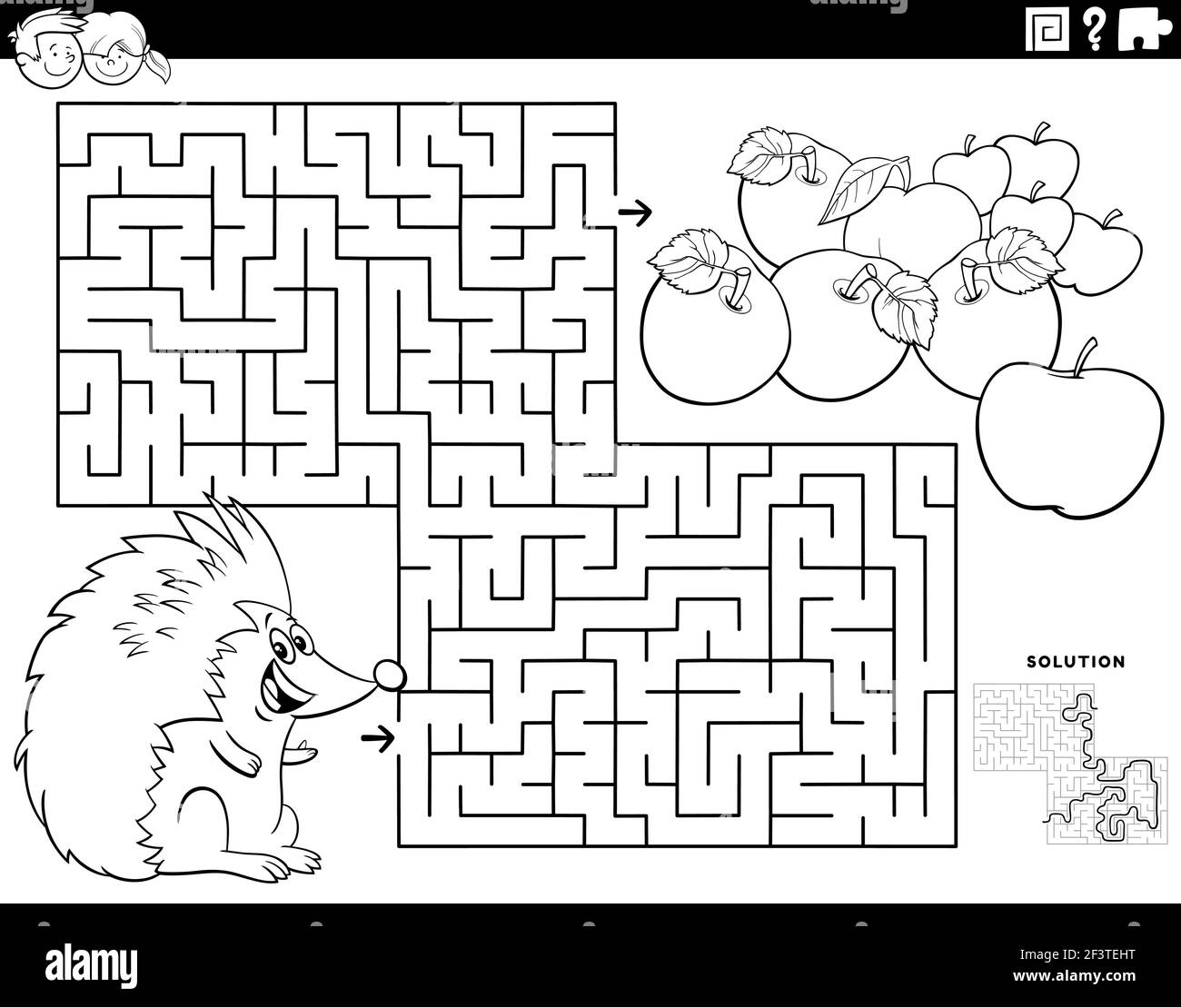 Black and white cartoon illustration of educational maze puzzle game for children with hedgehog animal character and apples coloring book page Stock Vector