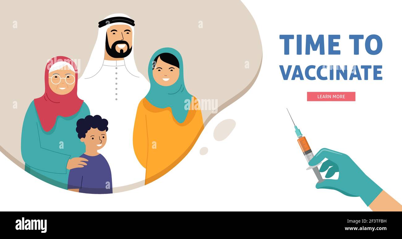 Muslim Family Vaccination concept design. Time to vaccinate banner - syringe with vaccine for COVID-19, flu or influenza and a family Stock Vector