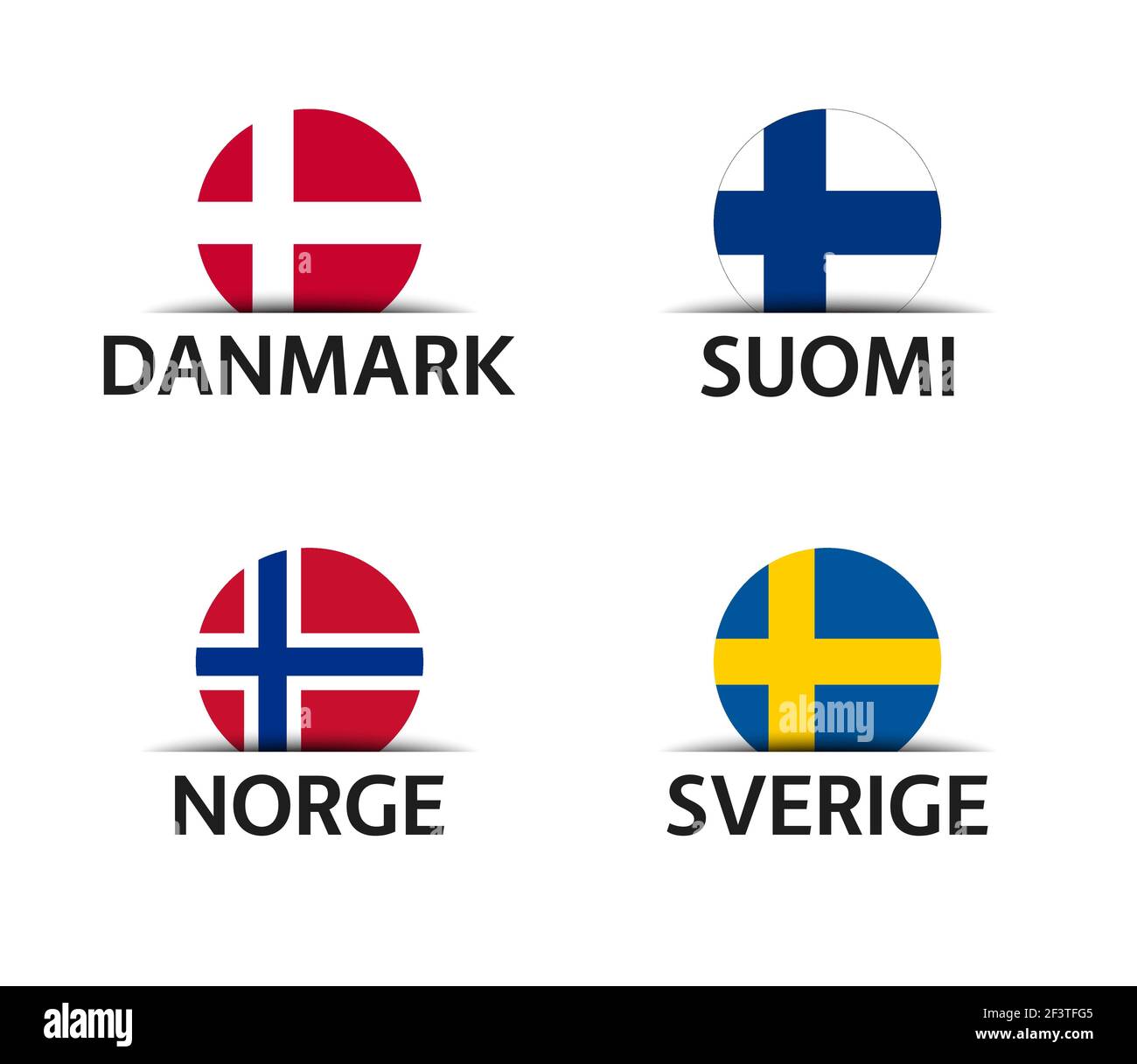 Denmark, Finland, Norway and Sweden. Set of four Danish, Finnish, Norwegian and Swedish stickers. Simple icons with flags isolated on a white backgrou Stock Vector