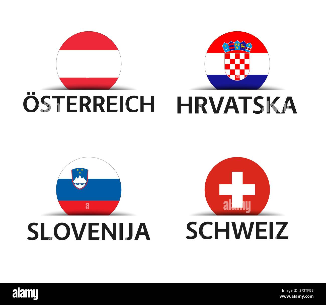 Austria, Croatia, Slovenia and Switzerland. Set of four Austrian, Croatian, Slovenian and Swiss stickers. Simple icons with flags isolated on a white Stock Vector