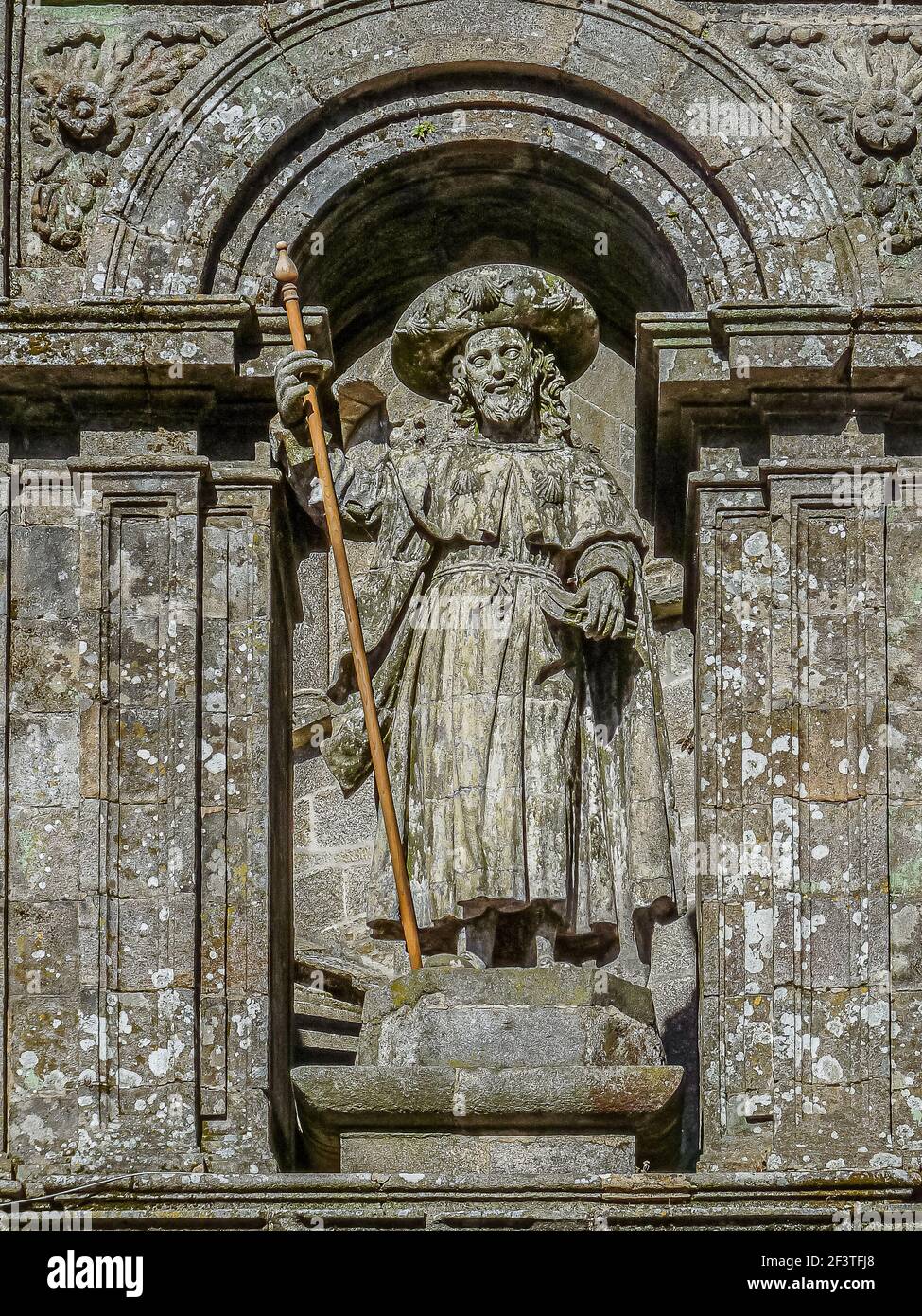 Statue of Saint James the Great over the holy gate of the cathedral in Santiago de compostela, Spain, July 25, 2010 Stock Photo