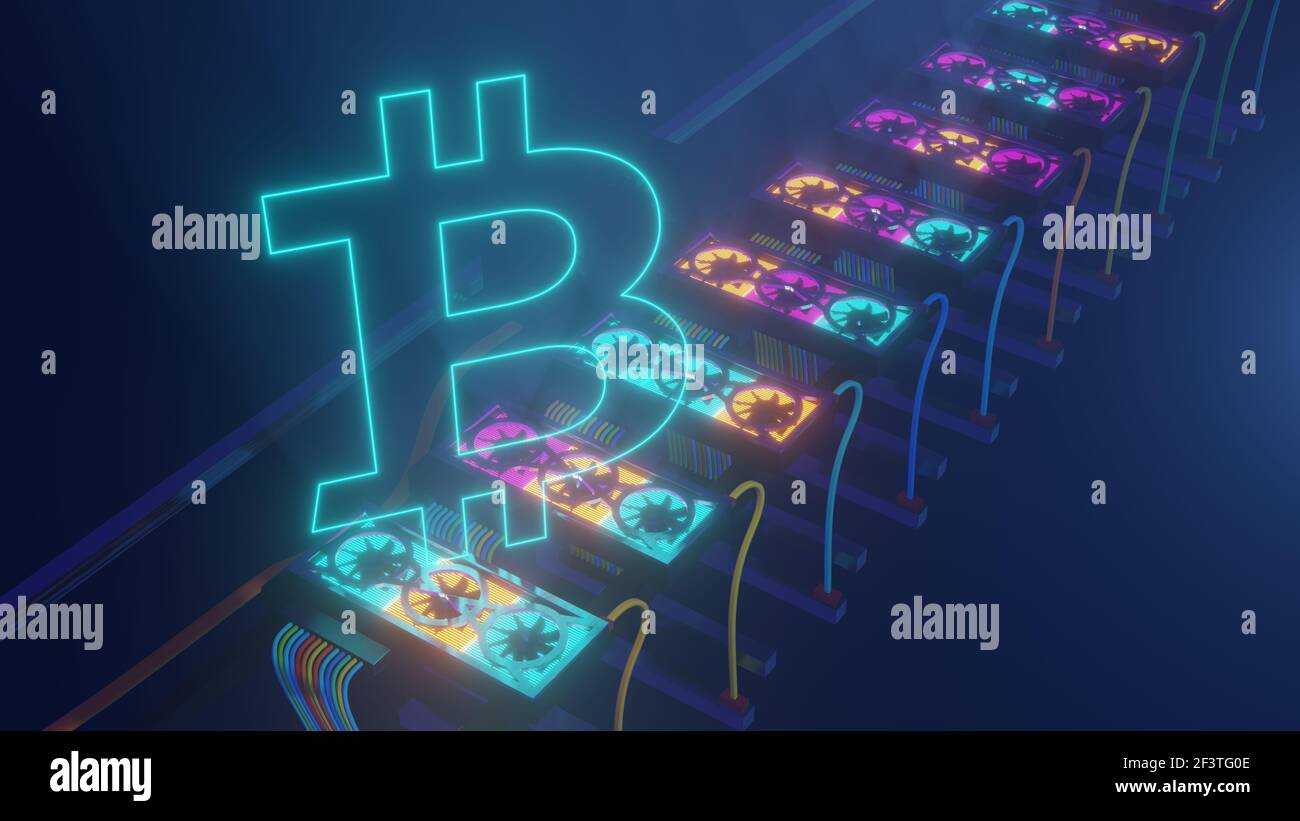 Set of graphic cards, neon glowing Bitcoin symbol - the concept of ...
