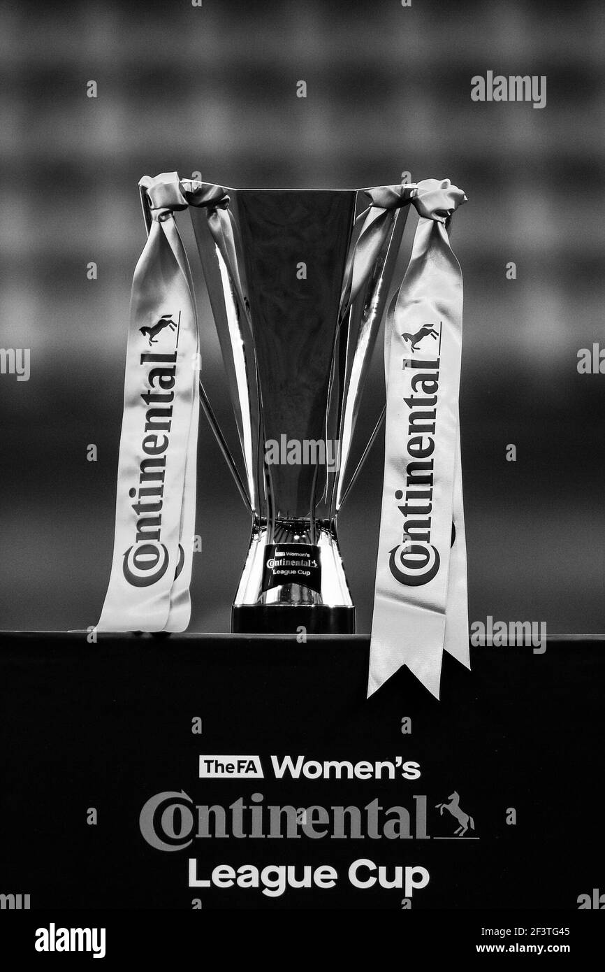 The league cup is seen during the FA Womens Continental Tyres League Cup final game between Bristol City and Chelsea at Vicarage Road Stadium in Watford. Stock Photo