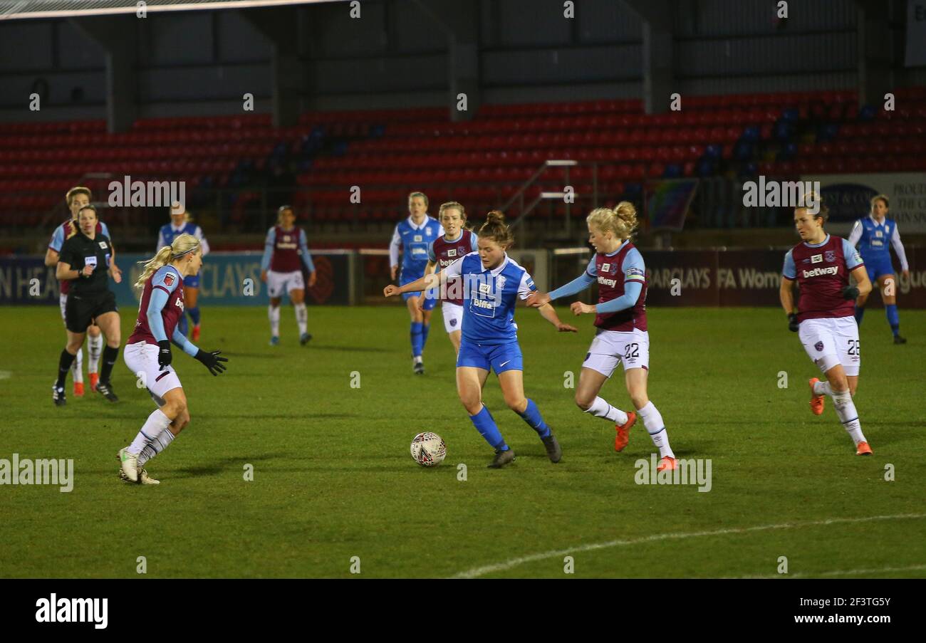 Emily Murphy (#35 Birmingham City) tries to break West Ham United's defence during the FA Women’s Super League game  between West Ham United v Birmingham City at Victoria Road, Dagenham in London, England. Stock Photo