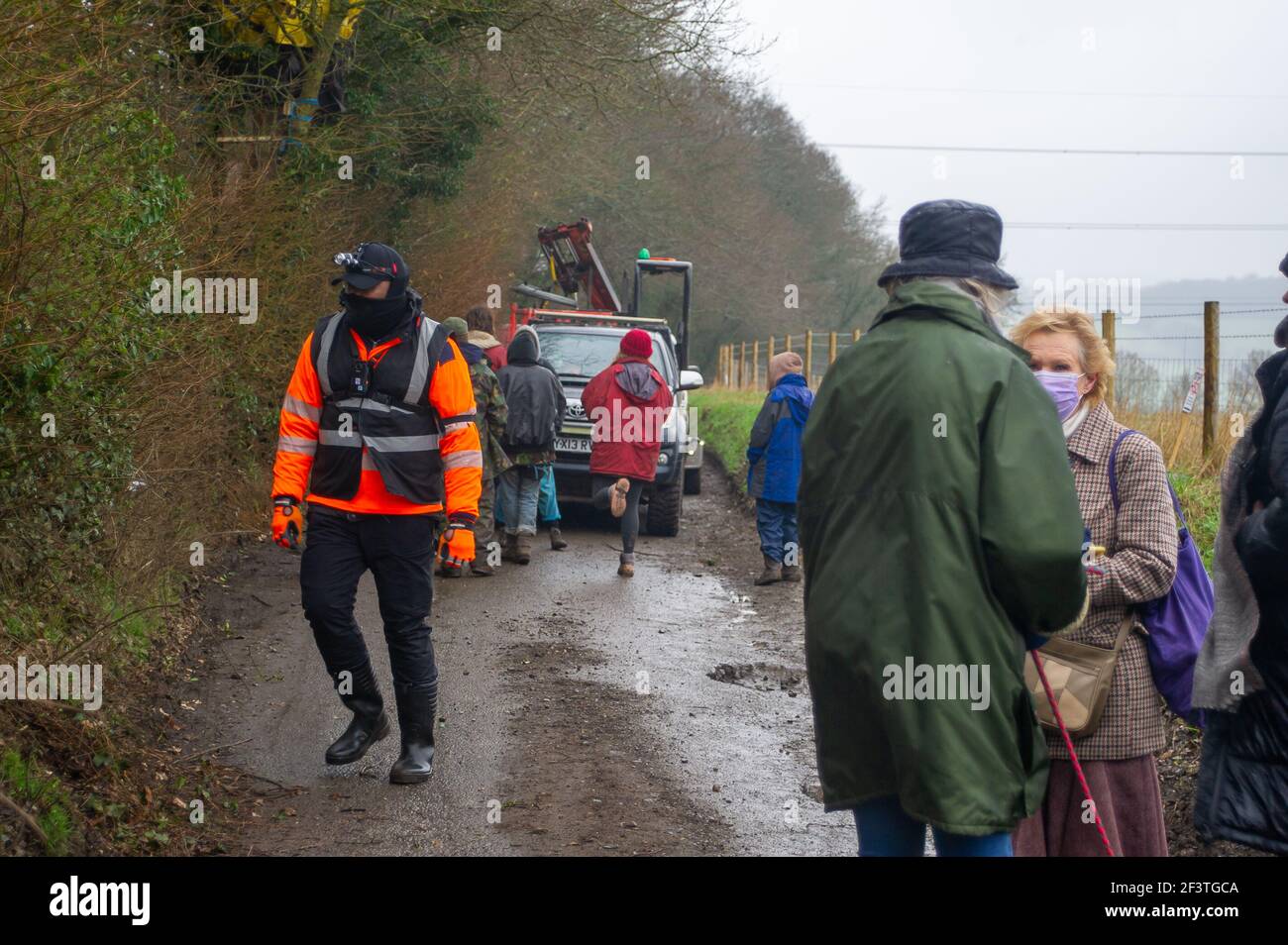 Great Missenden, Buckinghamshire, UK. 10th March, 2021. Early this morning HS2 Ltd and the National Eviction Team evicted Stop HS2 activists from the Leather Lane Protest Camp. HS2 were cutting limbs off an oak tree underneath a potential bat roost as well as destroying hedgerows before they destroy a row of iconic oak trees and build a temporary haul road. A wildlife crime was reported to Thames Valley Police. The controversial High Speed 2 rail link from London to Birmingham is carving a huge scar across the Chilterns. Credit: Maureen McLean/Alamy Stock Photo