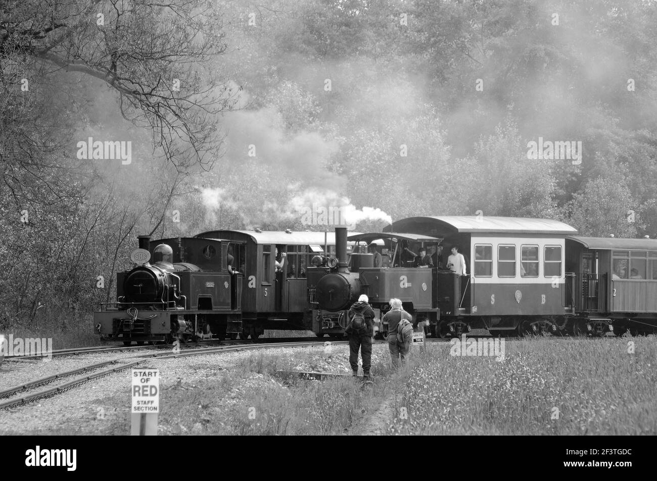 'Isibutu' (right) and 'Saccharine' (left) running parallel on the approach to the balloon loop. SBR No. 9 is at the rear of the train hauled by 'Sacch Stock Photo