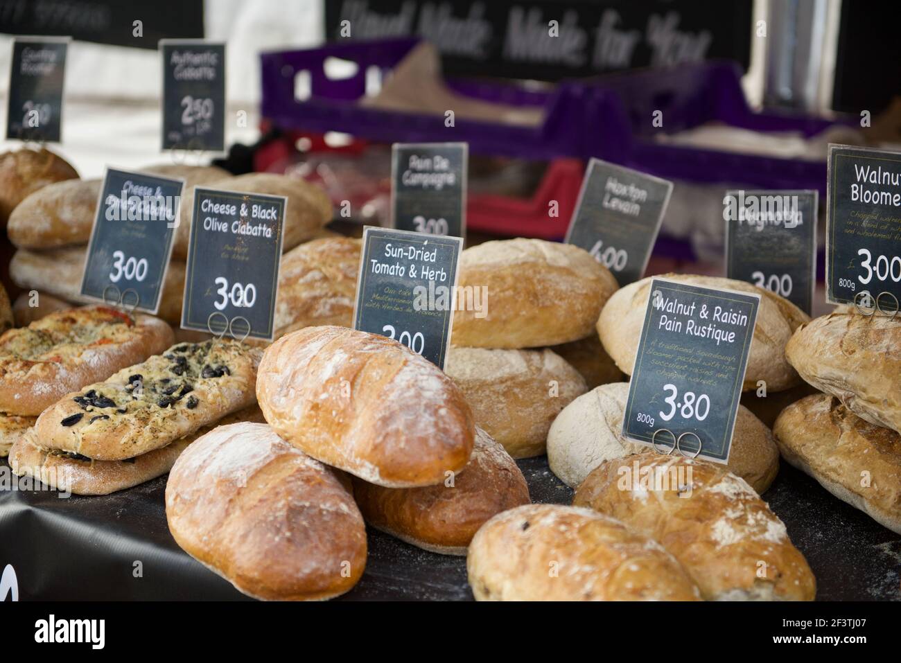 artisanal bread stall at farmers market, Wanstead, East London Stock Photo