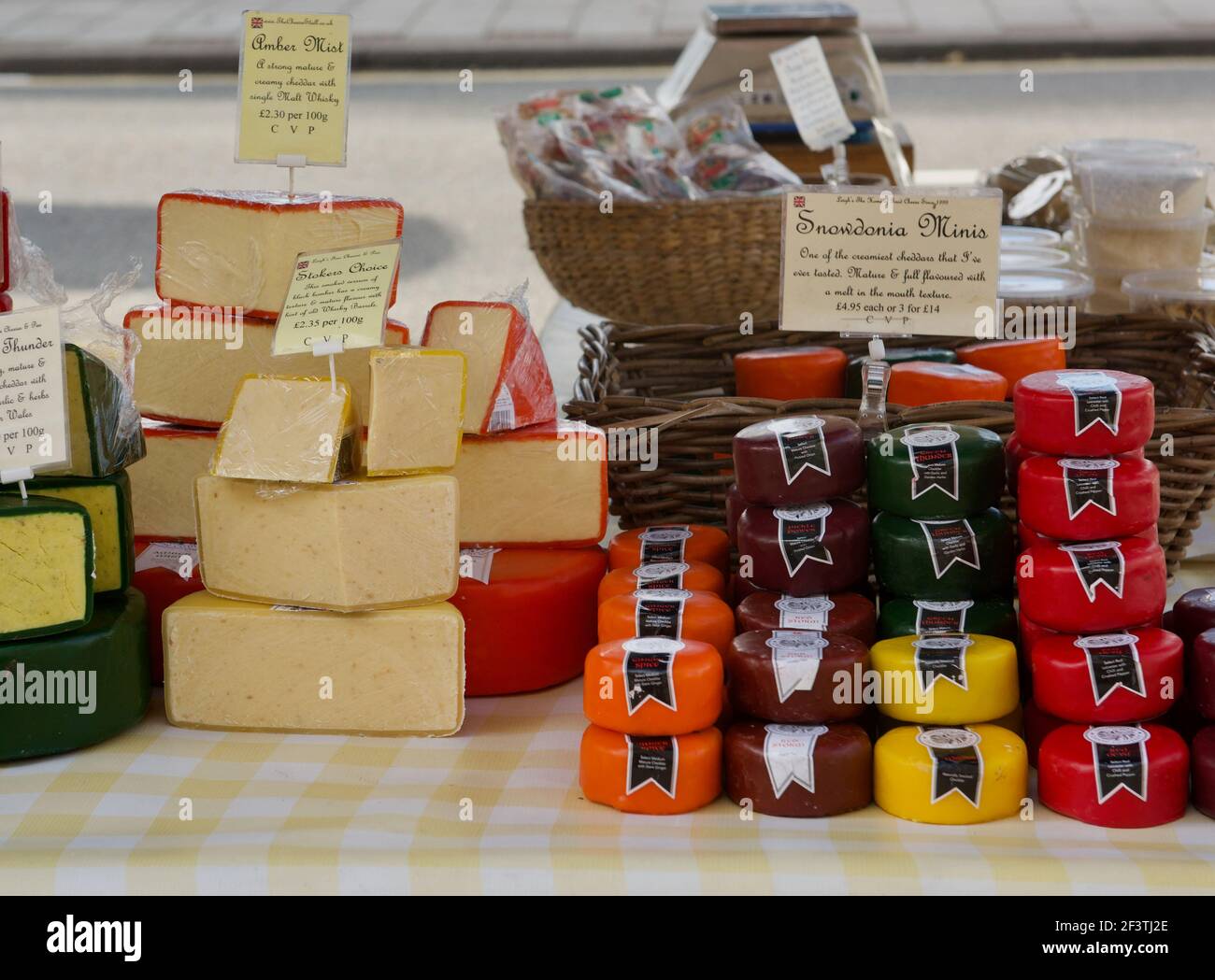 Cheese for sale at Farmers Market Stock Photo