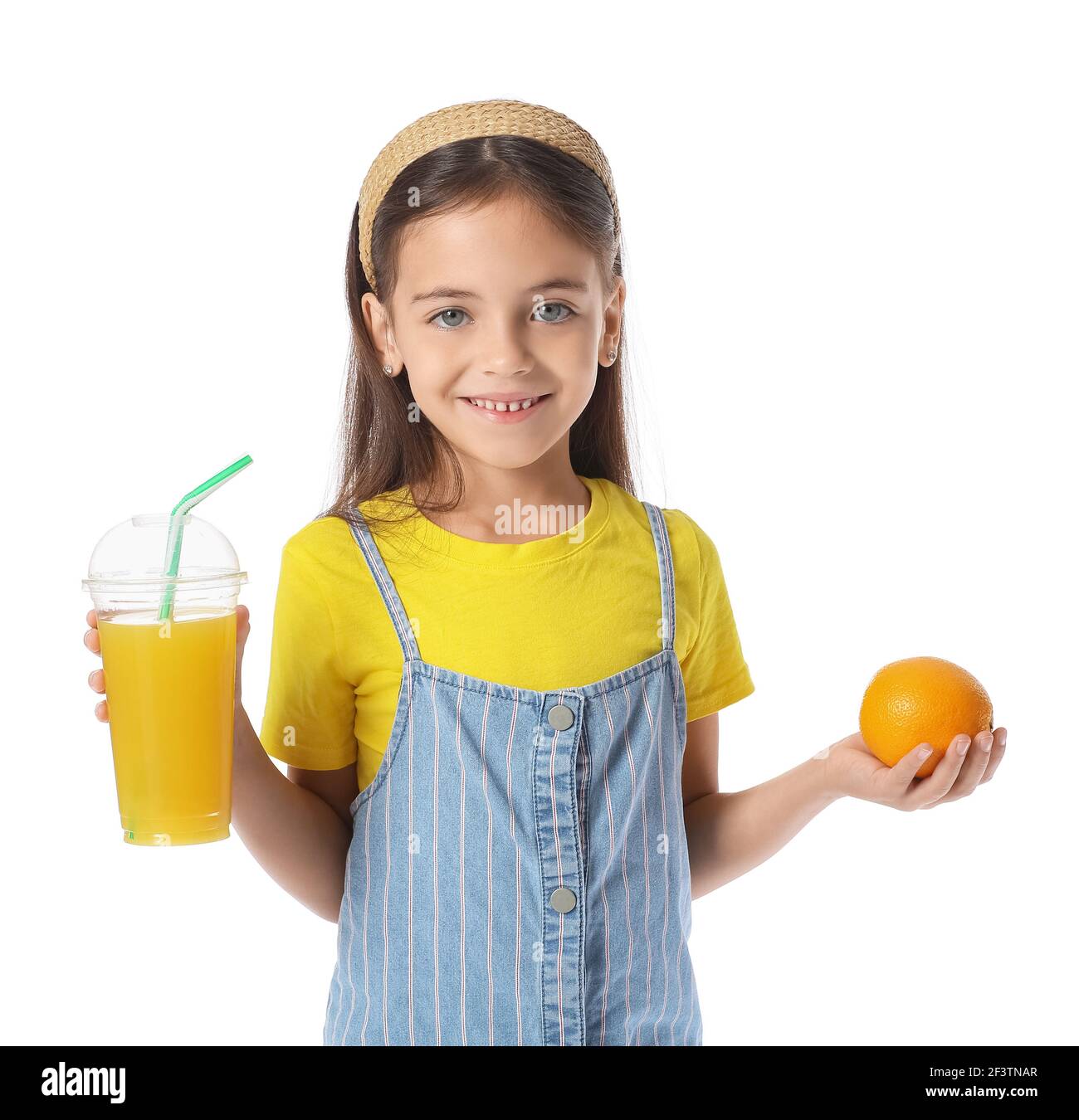 Cute little girl with orange and juice on white background Stock Photo ...