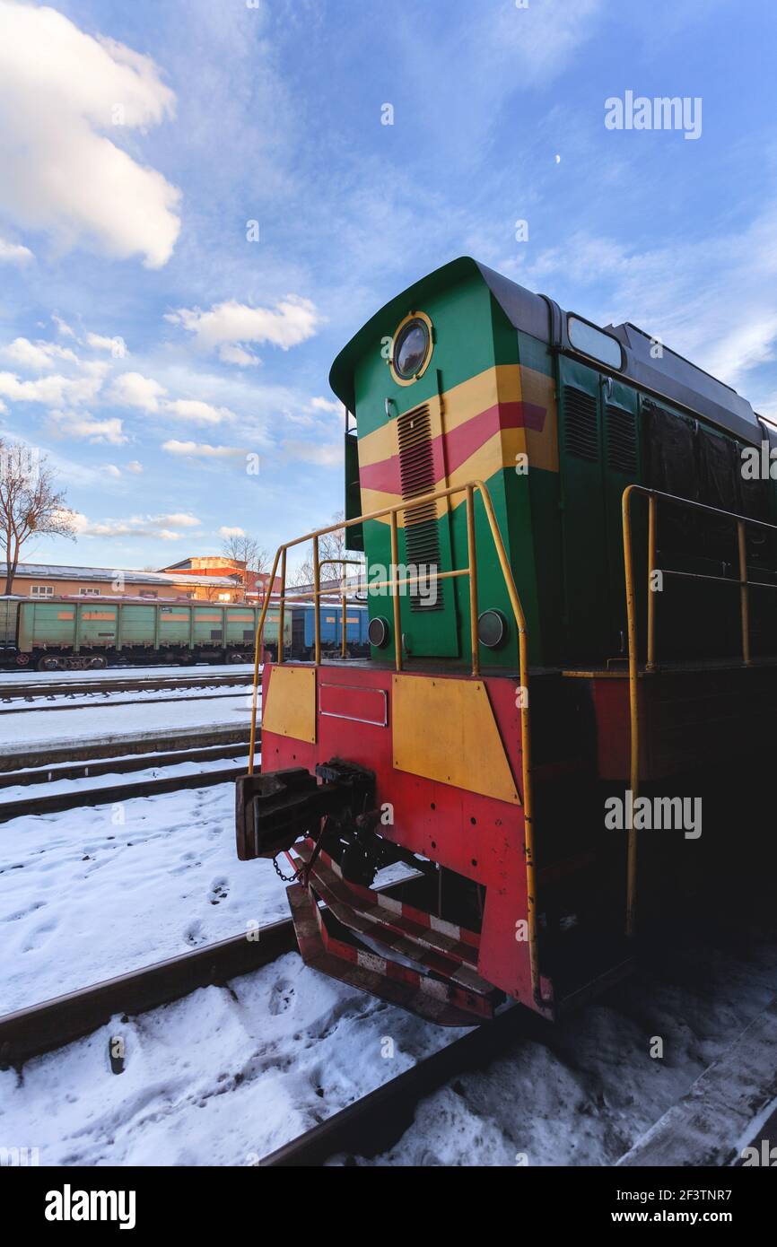 Diesel train on a sunny winter day. Stock Photo
