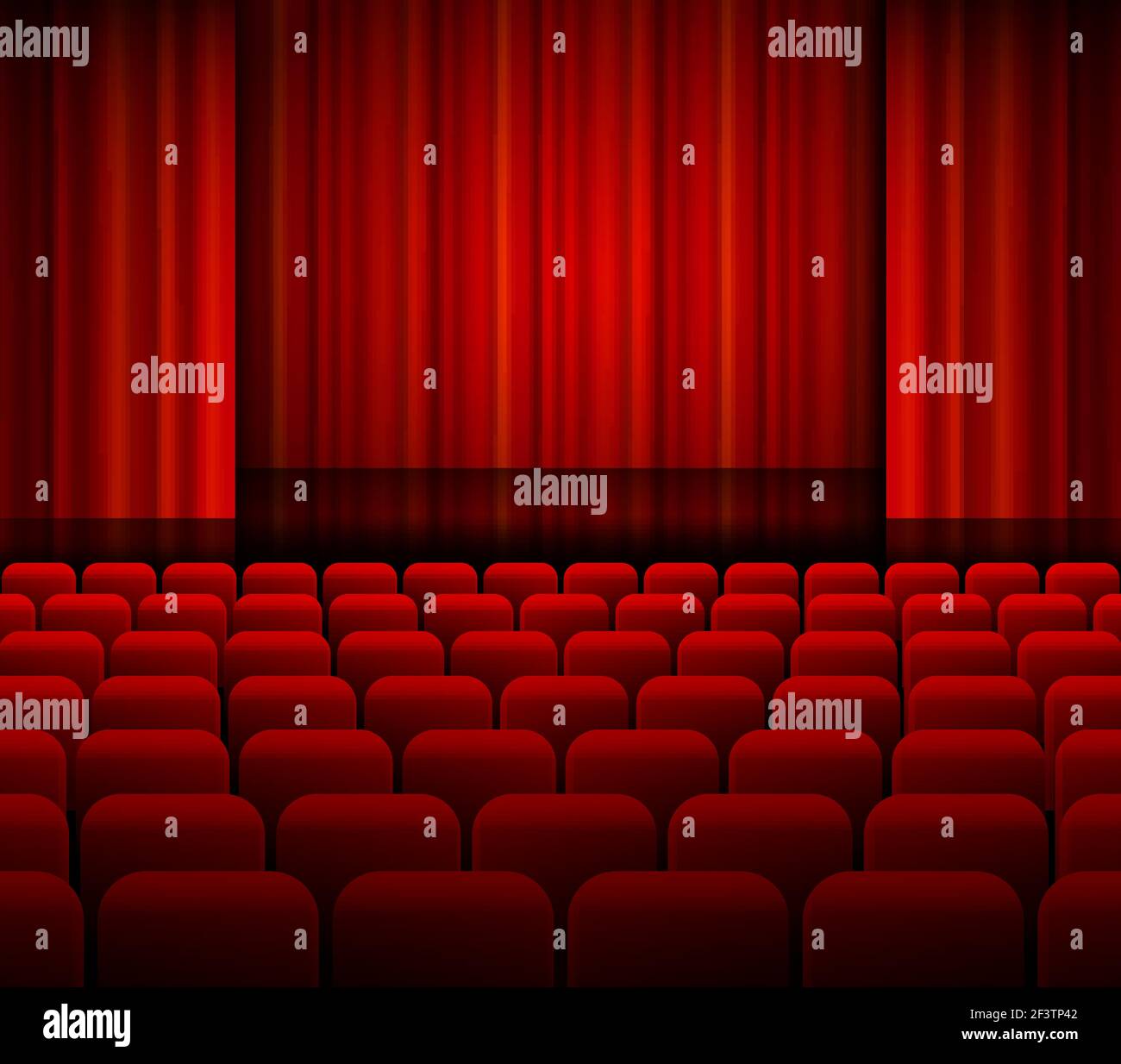 Open theater red curtains with light and seats. Stock Vector