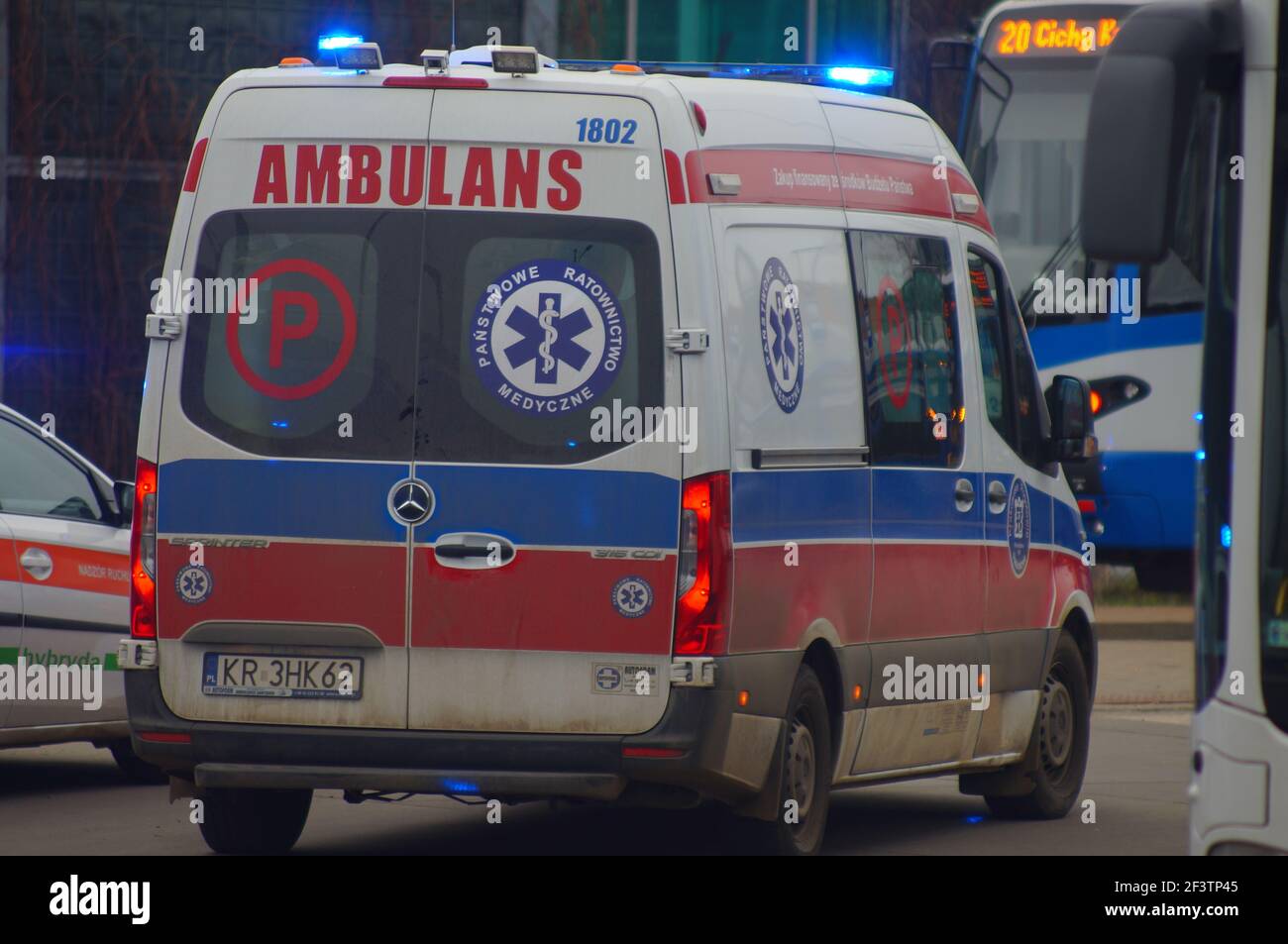 Krakow, Poland - 03.11.2021: Accident involving streetcar and passenger - police, medical and traffic police cars. The place of the incident in Krakow Stock Photo