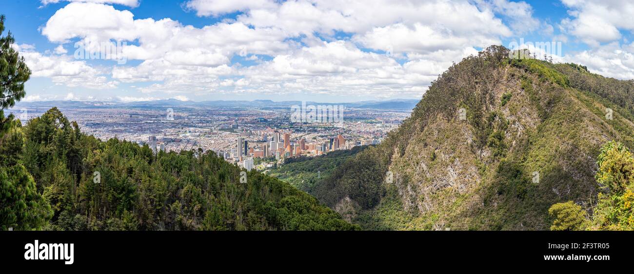 Panorama of Bogota and Cerro de Monserrate from the road to Cerro de Guadalupe Stock Photo