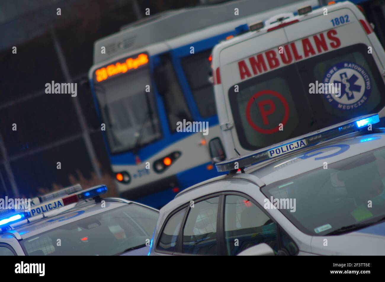 Accident involving streetcar and passenger - police, medical and traffic police cars. The place of the incident in Krakow Stock Photo