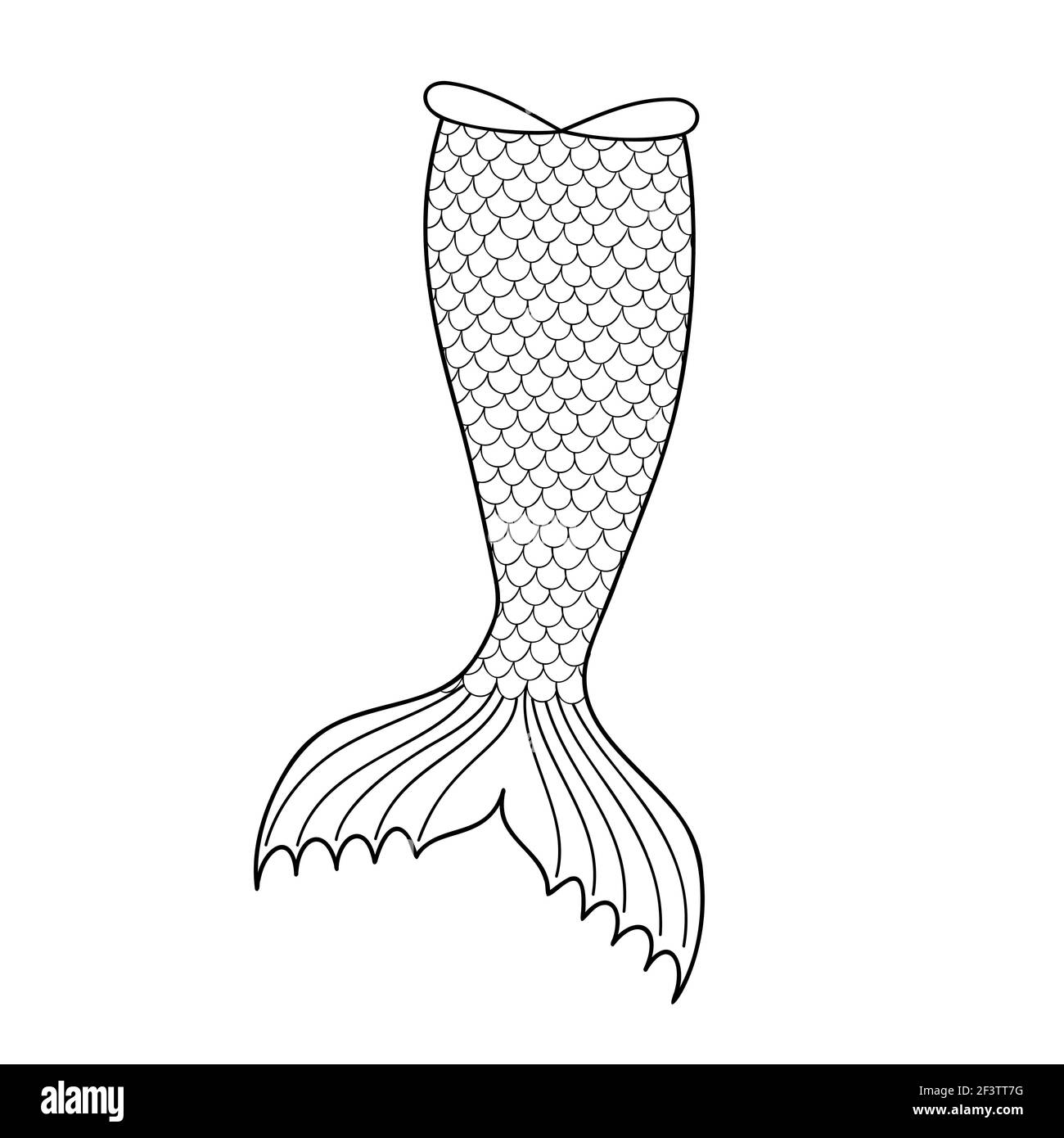Hand drawn mermaid tail silhouette isolated on white background. Outline element for sea party, greeting or invitation card. Design for clothing print. Doodle vector illustration. Stock Vector