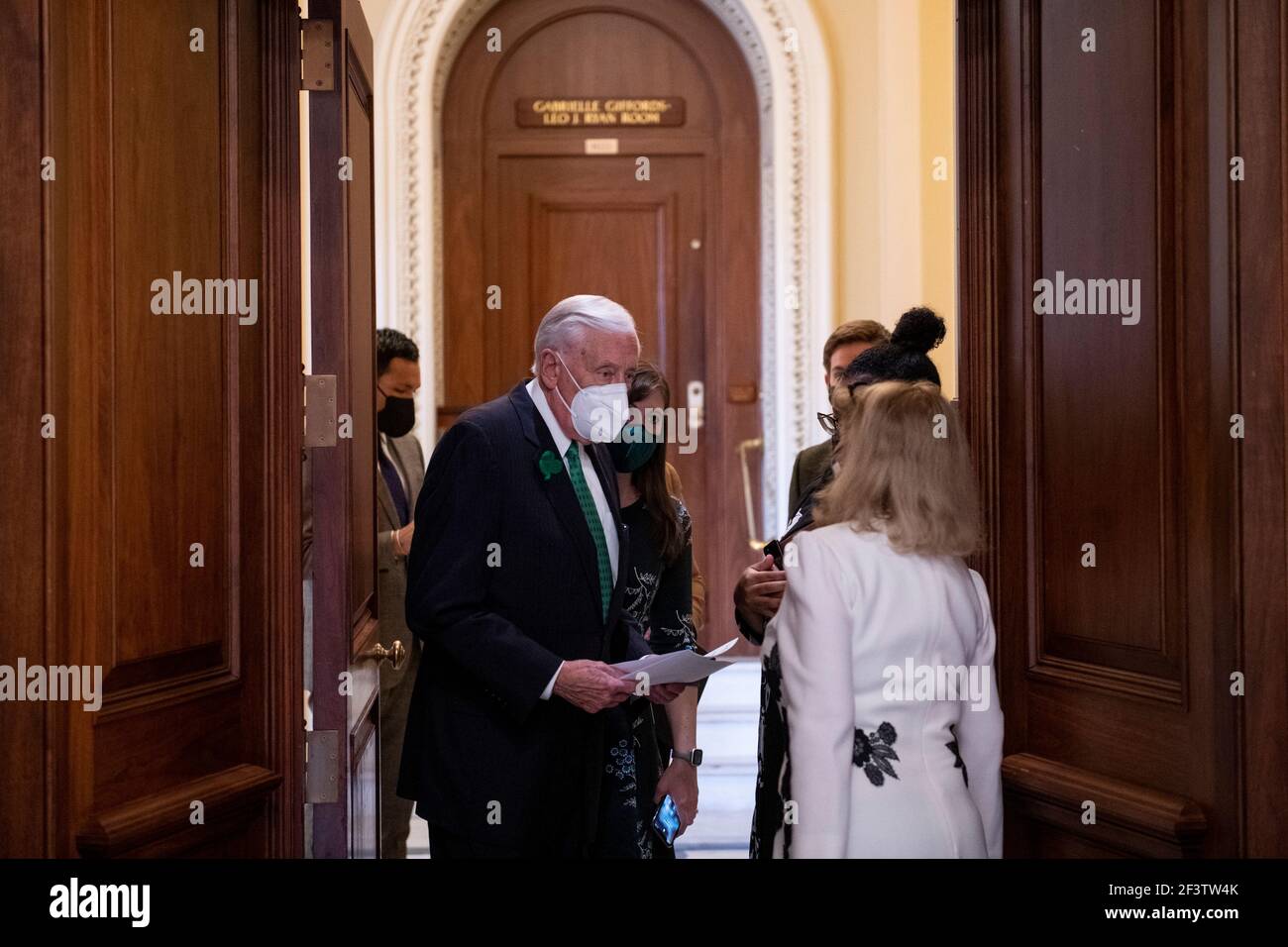 United States Representative Debbie Dingell (Democrat of Michigan), right, chats with United States House Majority Leader Steny Hoyer (Democrat of Maryland) prior to a press conference to begin regarding the Violence Against Women Act, at the U.S. Capitol in Washington, DC, Wednesday, March 17, 2021. Credit: Rod Lamkey/CNP /MediaPunch Stock Photo