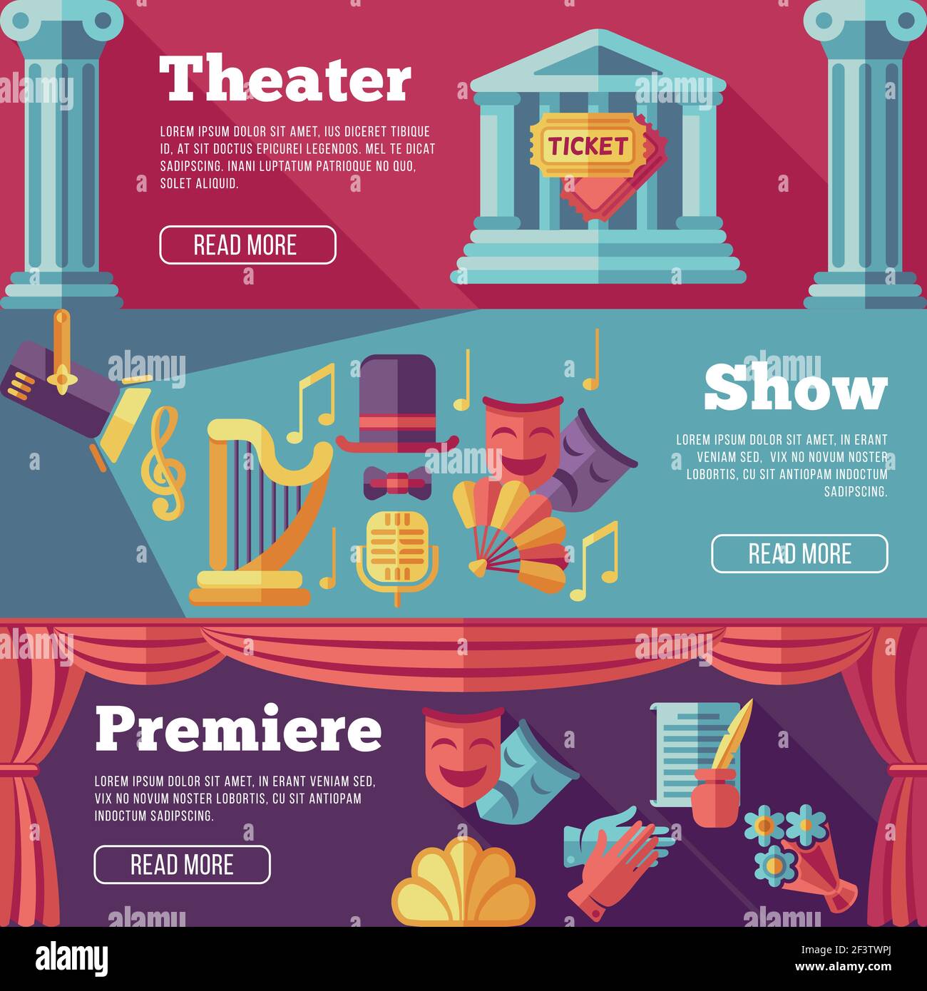 Theatre vector flat banners set. Premiere theater, show theater web page  theater, banner theater, poster theater performance illustration Stock  Vector Image & Art - Alamy