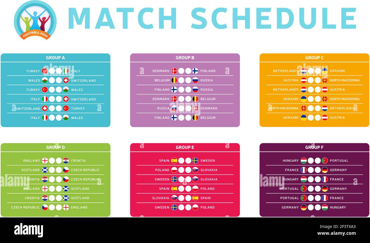 Football 2020 tournament final stage groups vector stock illustration with matches schedule. 2020 European soccer tournament table with background. Ve Stock Vector