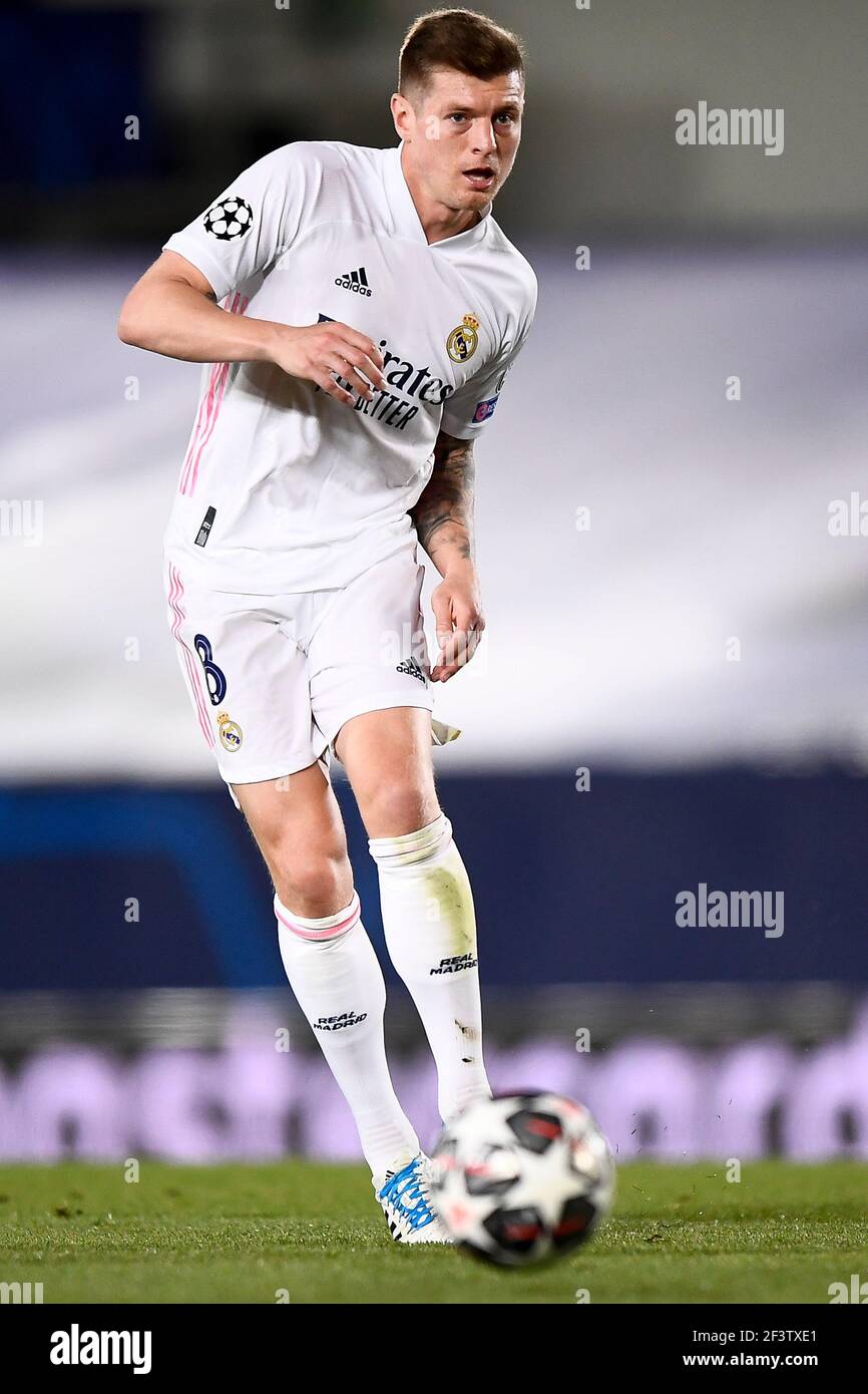 Madrid, Spain - 16 March, 2021: Toni Kroos of Real Madrid CF in action during the UEFA Champions League Round of 16 second leg football match between Real Madrid CF and Atalanta BC. Real Madrid CF won 3-1 over Atalanta BC. Credit: Nicolò Campo/Alamy Live News Stock Photo