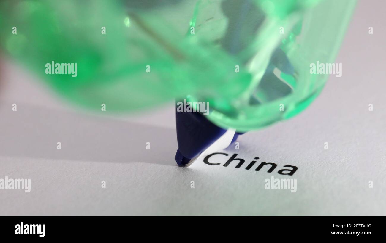 The removal, hiding, covering up of the word or text 'China'. Poor, failed or failing trade and economic relationship with China concept. Stock Photo
