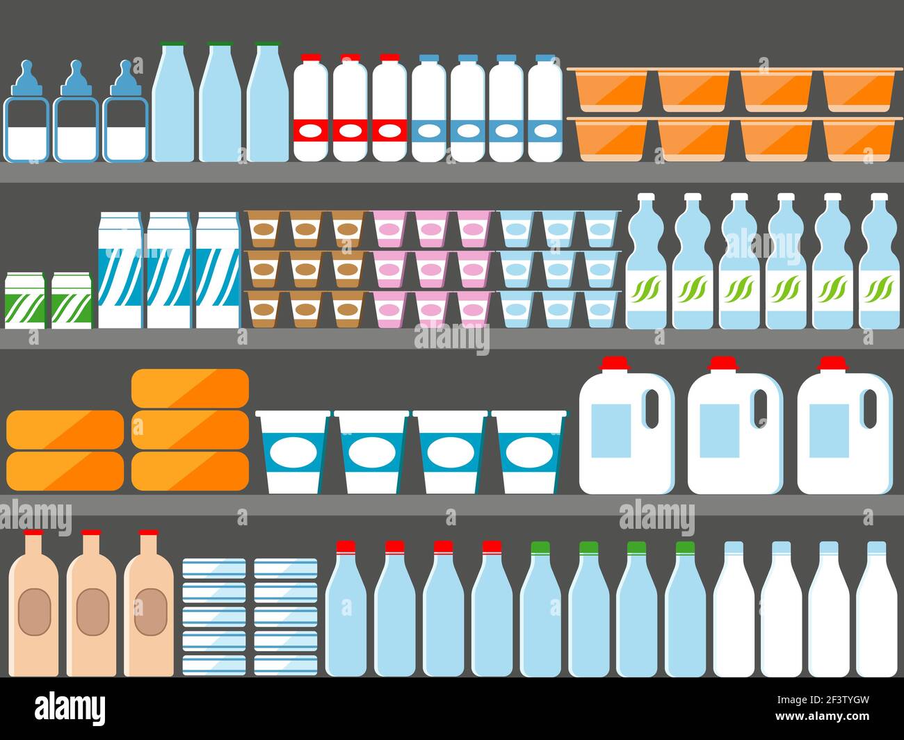 Store shelves with milk and dairy products. Vector illustration in flat ...