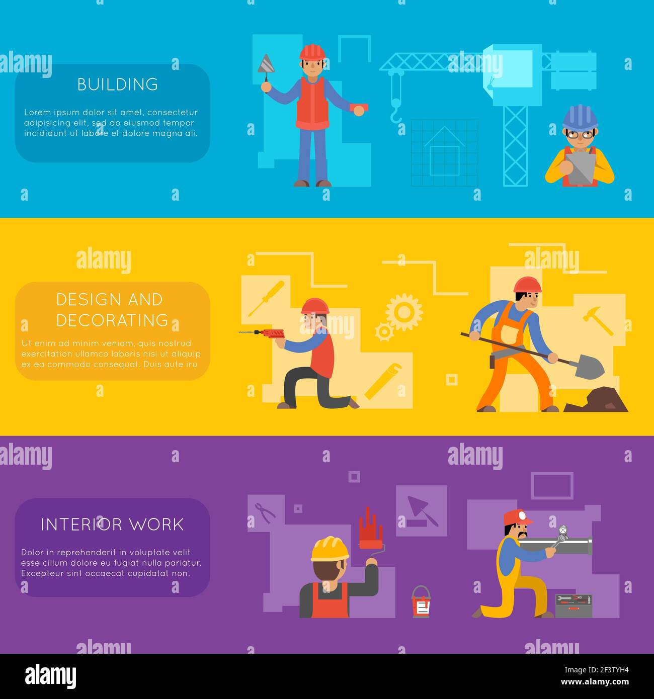 Engineer construction industrial vector flat banner set. Constructions building industry illustration Stock Vector