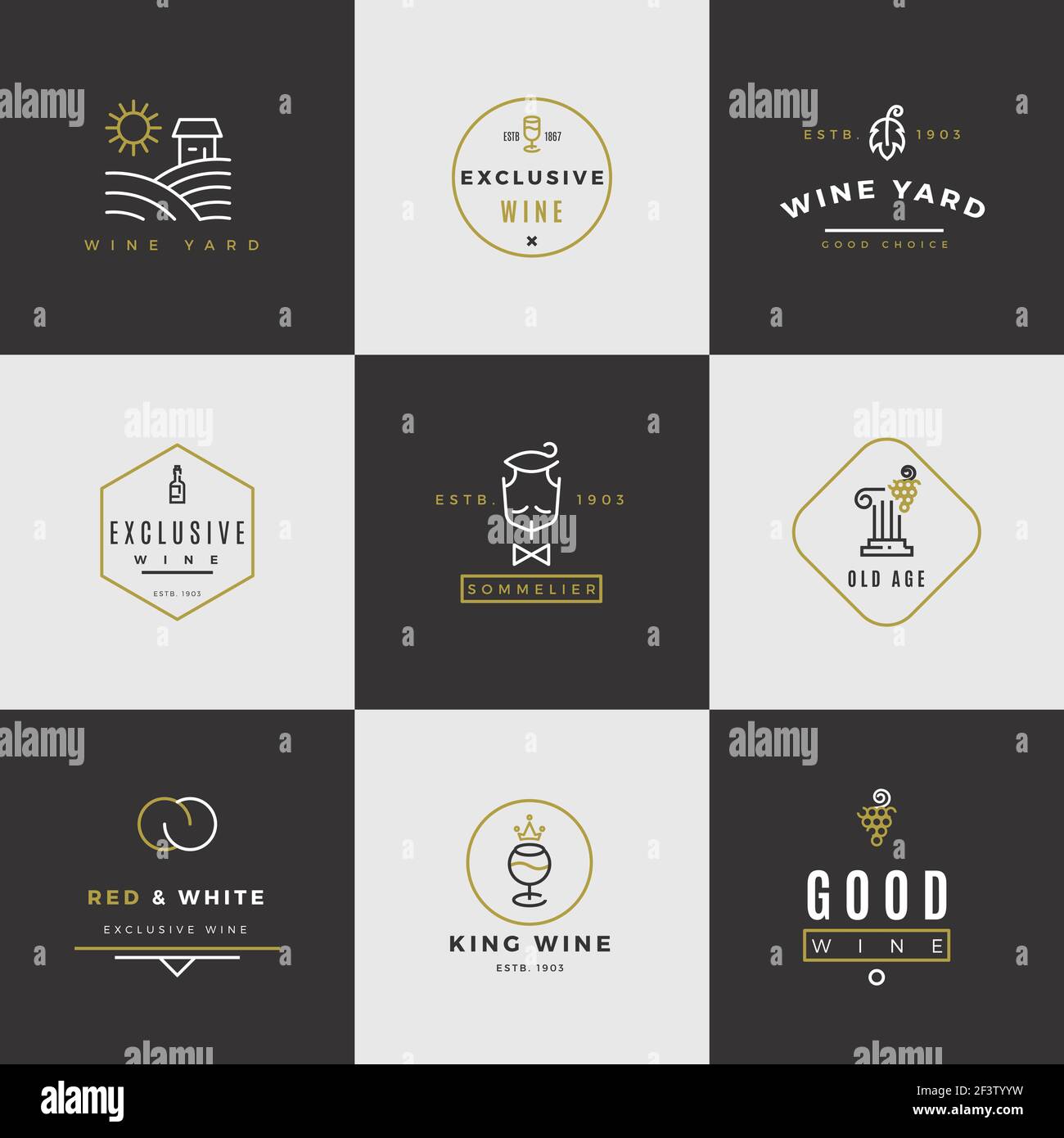 Wine card vector logo set. Alcohol menu emblems with bottles and glasses Stock Vector