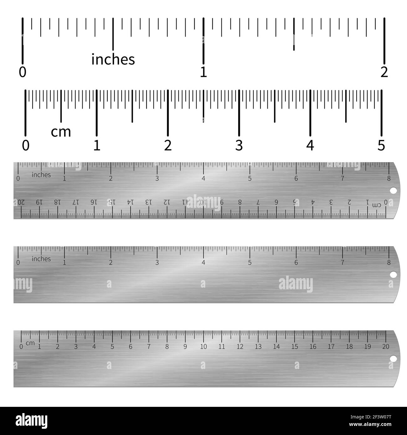 Metric imperial and decimal inch rulers vector set. Measure tools equipment illustration Stock Vector