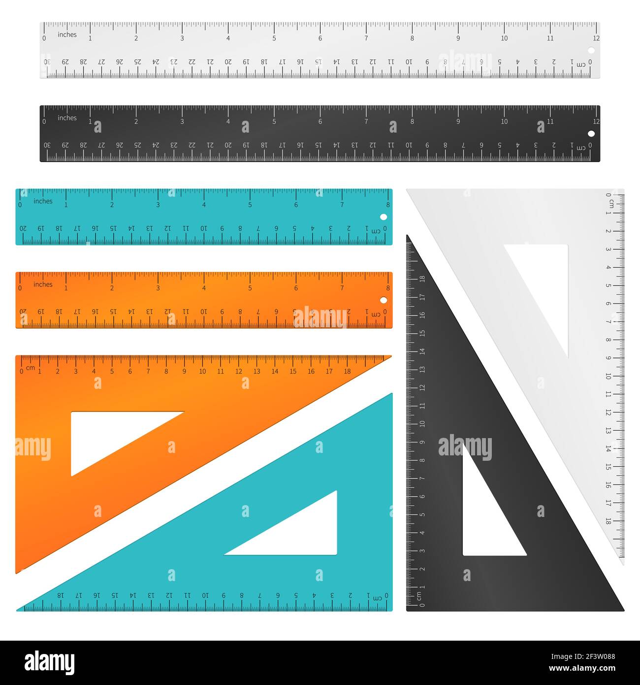 Rulers and triangle with inches, centimeters and millimeters scale. Vector set. Tool education, millimeter ruler, measurement ruler instrument, school Stock Vector