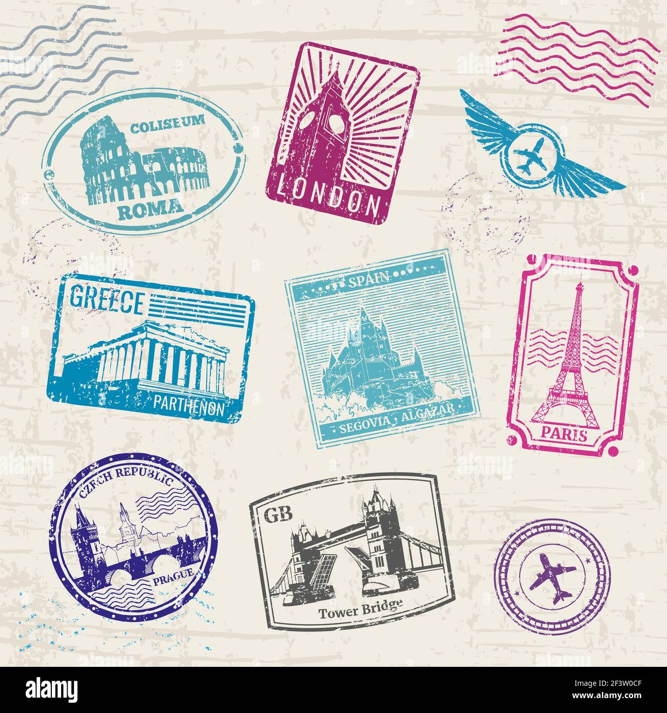 Travel stamps with Europe countries landmarks. Landmark europe, stamp