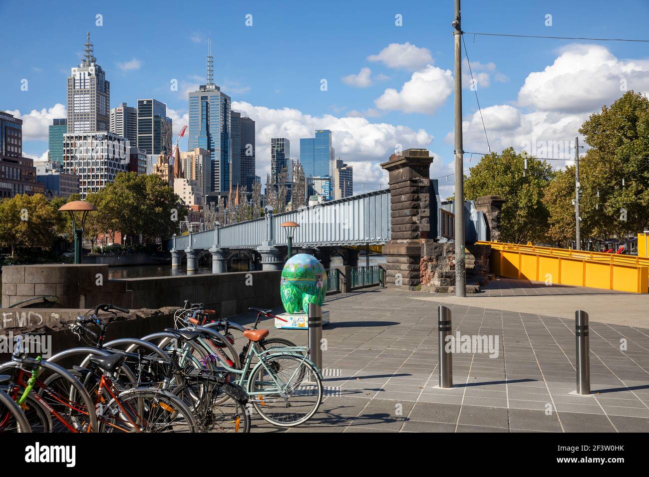 Melbourne city centre with bicycle storage and city skyscrapers