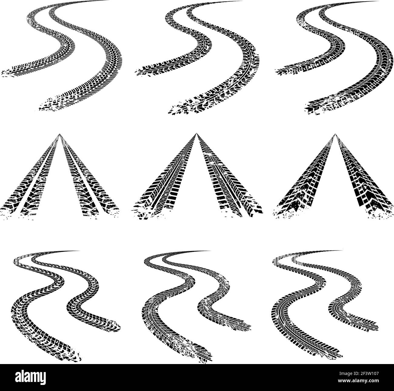 Tire trace road. Vector collection. Braking tire track, messy trace