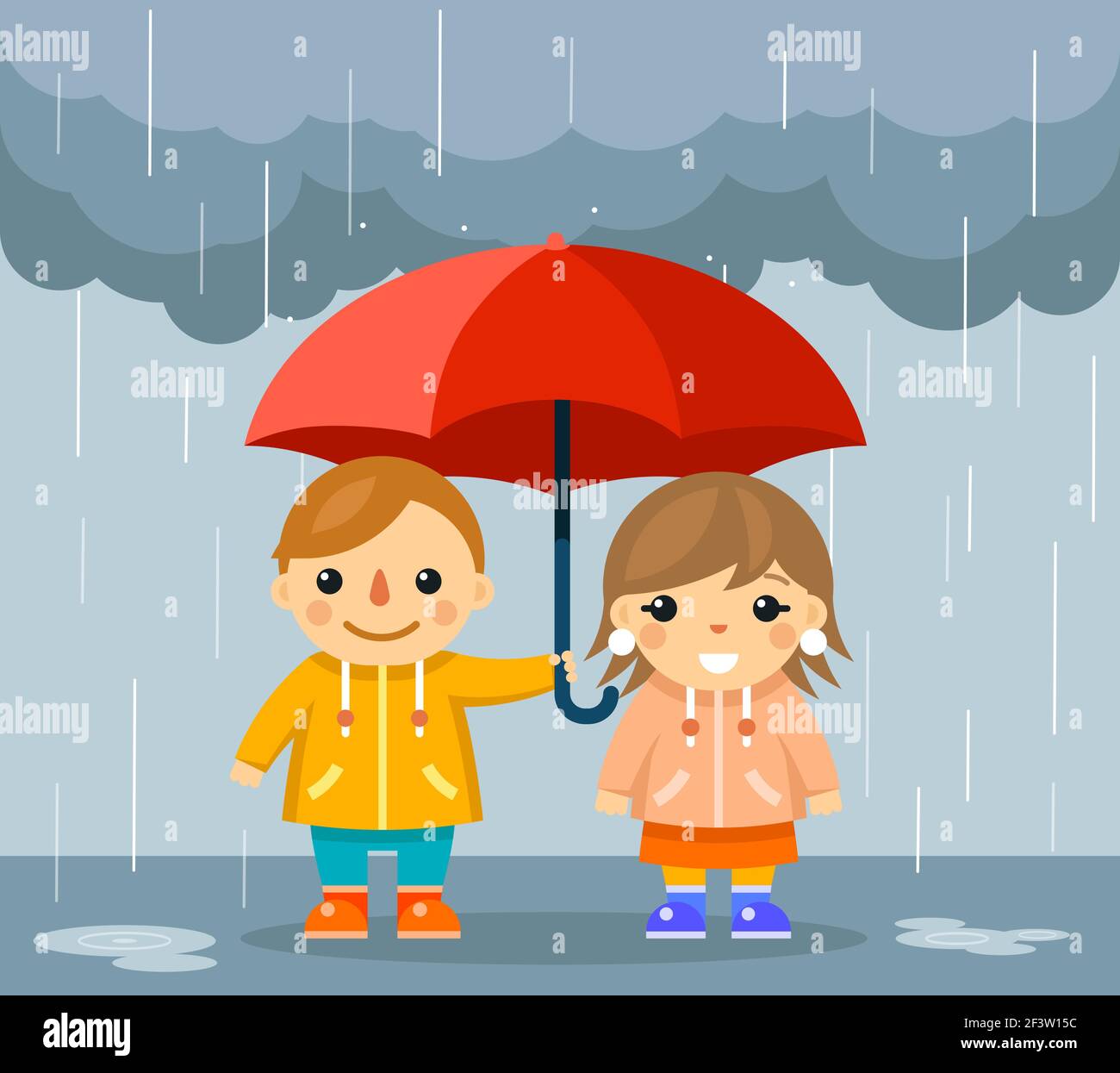 Cute boy and girl with umbrella standing under rain. Standing happy