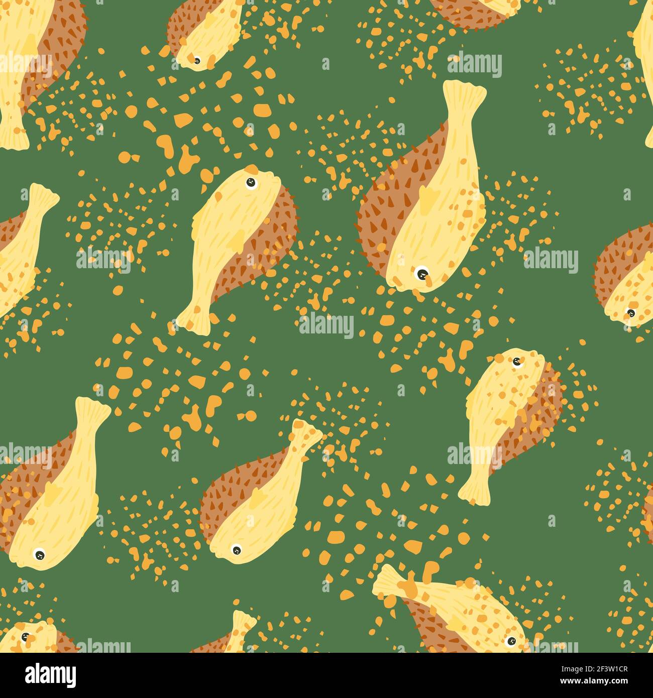 Cartoon Seamless Ocean Wildlife Pattern With Random Puffer Fish Fugu Ornament Green Background With Splashes Perfect For Fabric Design Textile Prin Stock Vector Image Art Alamy