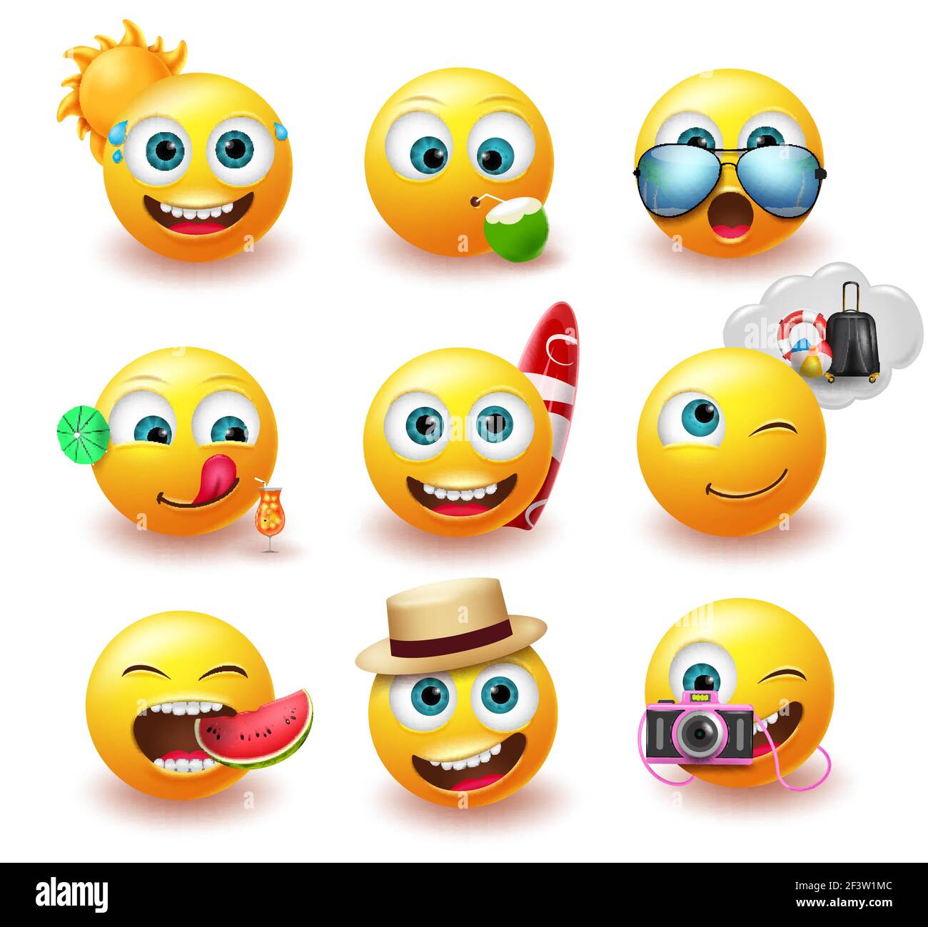 Smileys summer emoticon vector set. Smiley yellow icon emoji with facial expression and beach element for tropical season character emoticons. Stock Vector